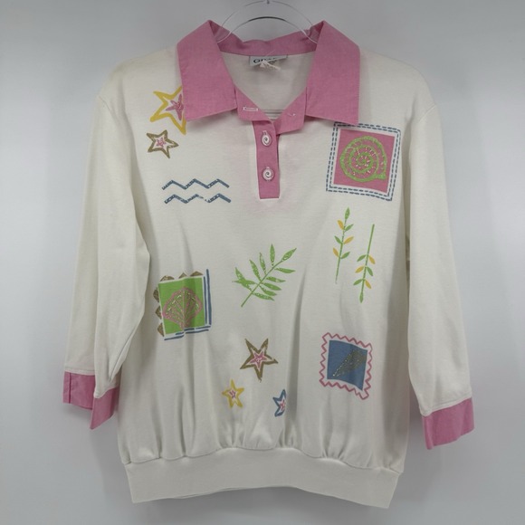 Graff Sweaters - VTG 90s Beach Coastal Preppy White Pink Graff Collared Sweater Top Grandmacore
